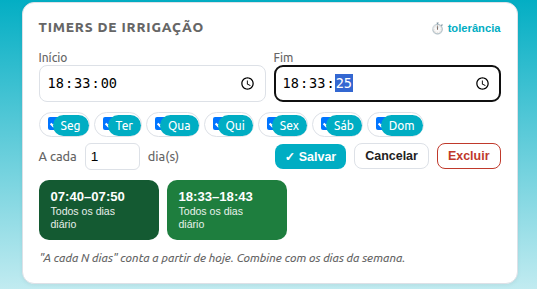 Tela de timers do Aguatudo com início e fim ao segundo (18:33:00 a 18:33:25), seleção de dias da semana e tolerância configurável
